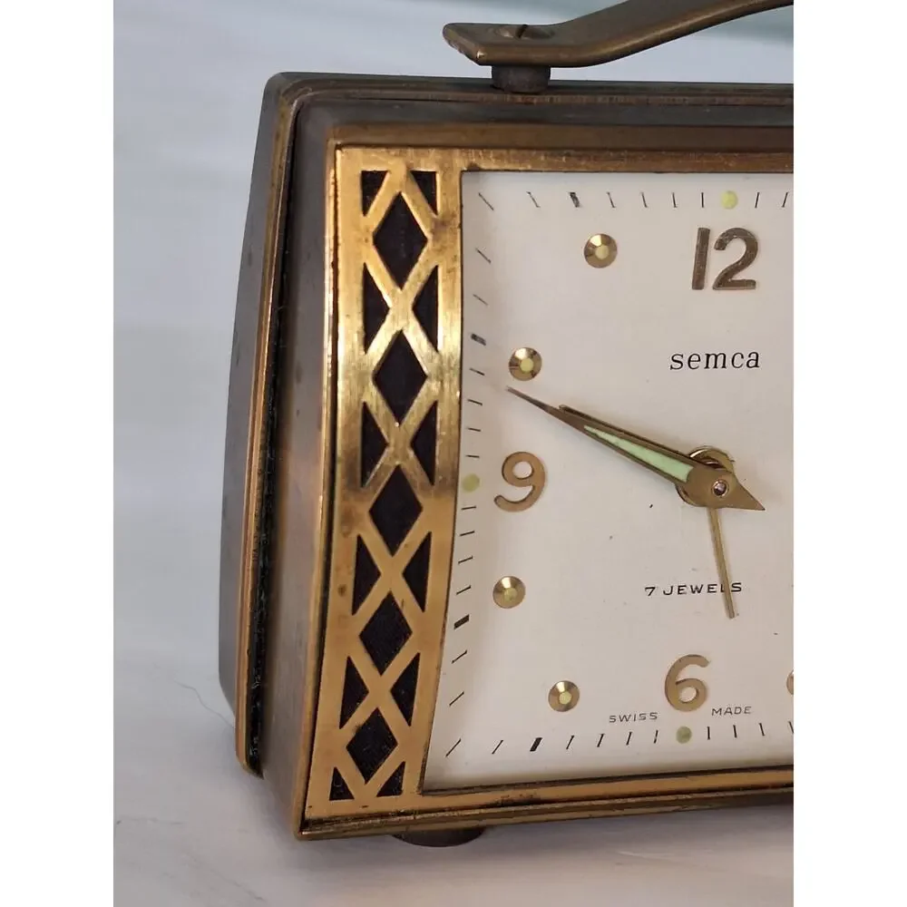 Vintage Semca Swiss 7 Jewel Brass Suitcase Style Musical Alarm Clock MCM Working